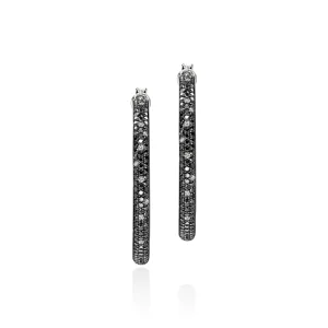 Women John Hardy JH Essentials Hoop Earring, Sterling Silver, Black Sand Diamond Pavé, 30MM