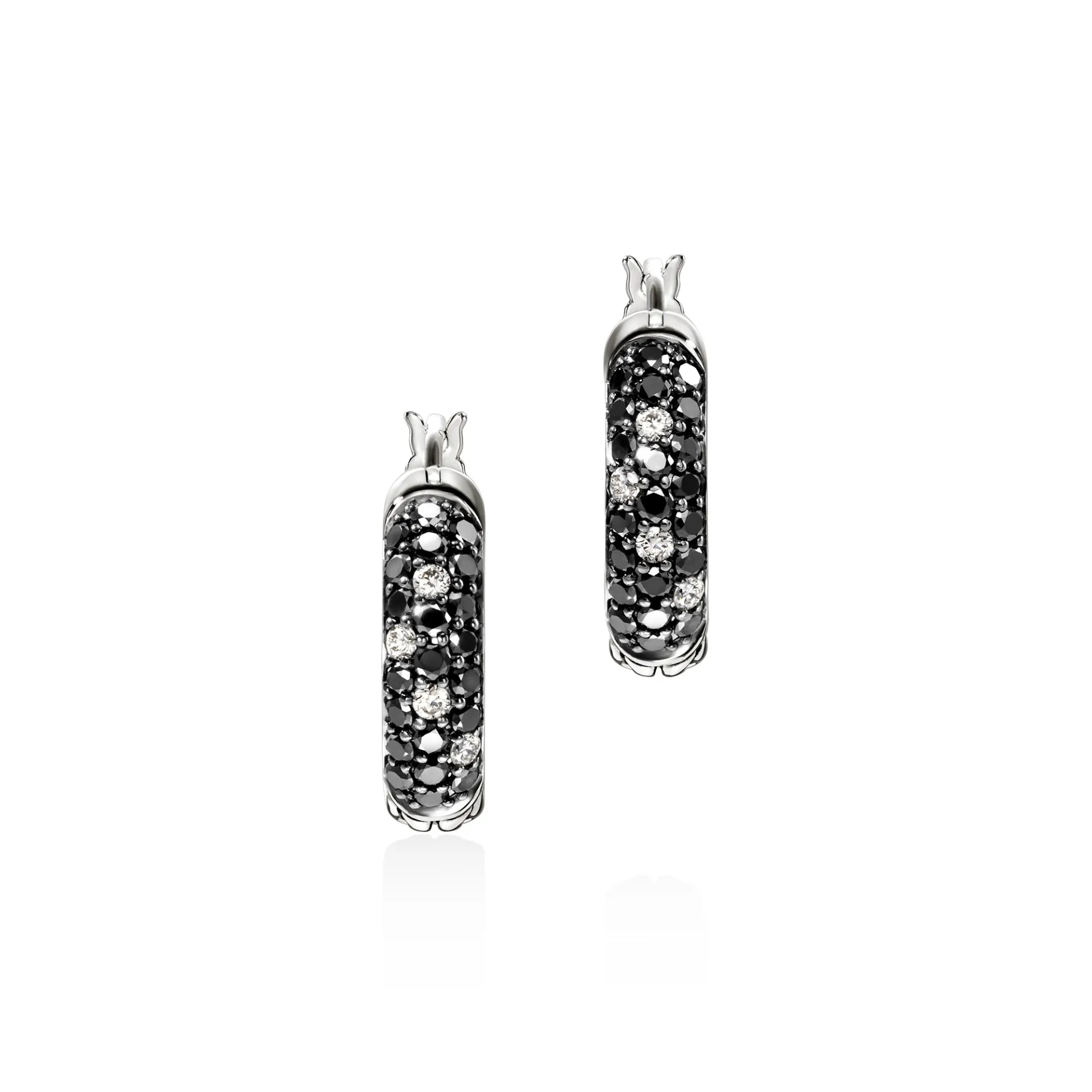 Women John Hardy JH Essentials Hoop Earring, Sterling Silver, Black Sand Diamond Pavé, 9MM