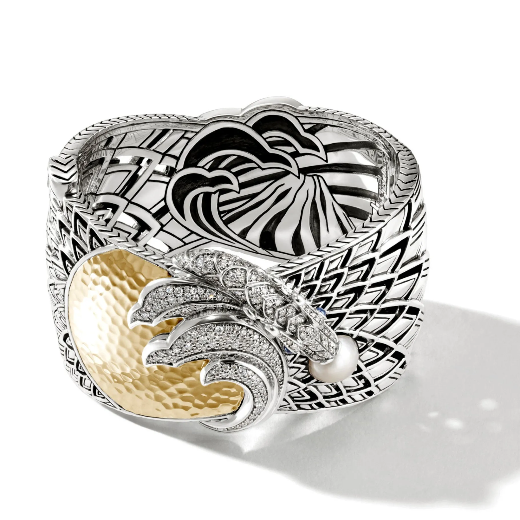 Women John Hardy Naga Bangle, Silver, Gold, Diamonds, Pearl