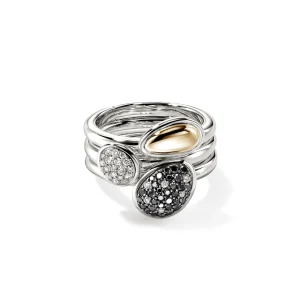 Women John Hardy Pebble Stacking Rings, Sterling Silver, Gold, Black Sand Diamond Pavé